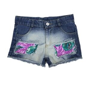 Girl’s Distressed Tropical Purple Patched Denim Cutoff Shorts